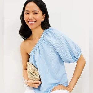 Loft One shoulder striped blouse, blue and white, M